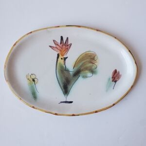 Signed Studio Art Pottery Dish with Handpainted Rooster Signed C K
